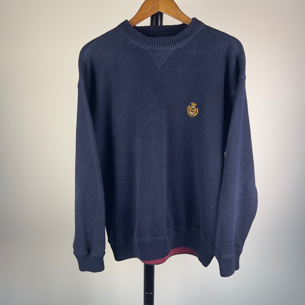 Vintage Ivy Crew Classics Navy Blue Ramie Cotton Knit Crest Sweater Mens Large